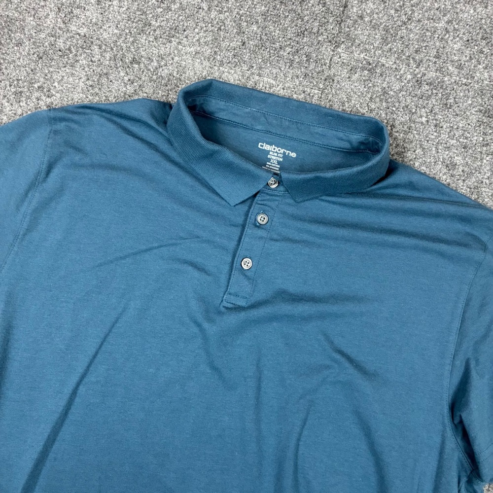 Claiborne Mens Size 2XL XXL Slim Fit Stretch Polo Shirt Teal Blue Short Sleeve